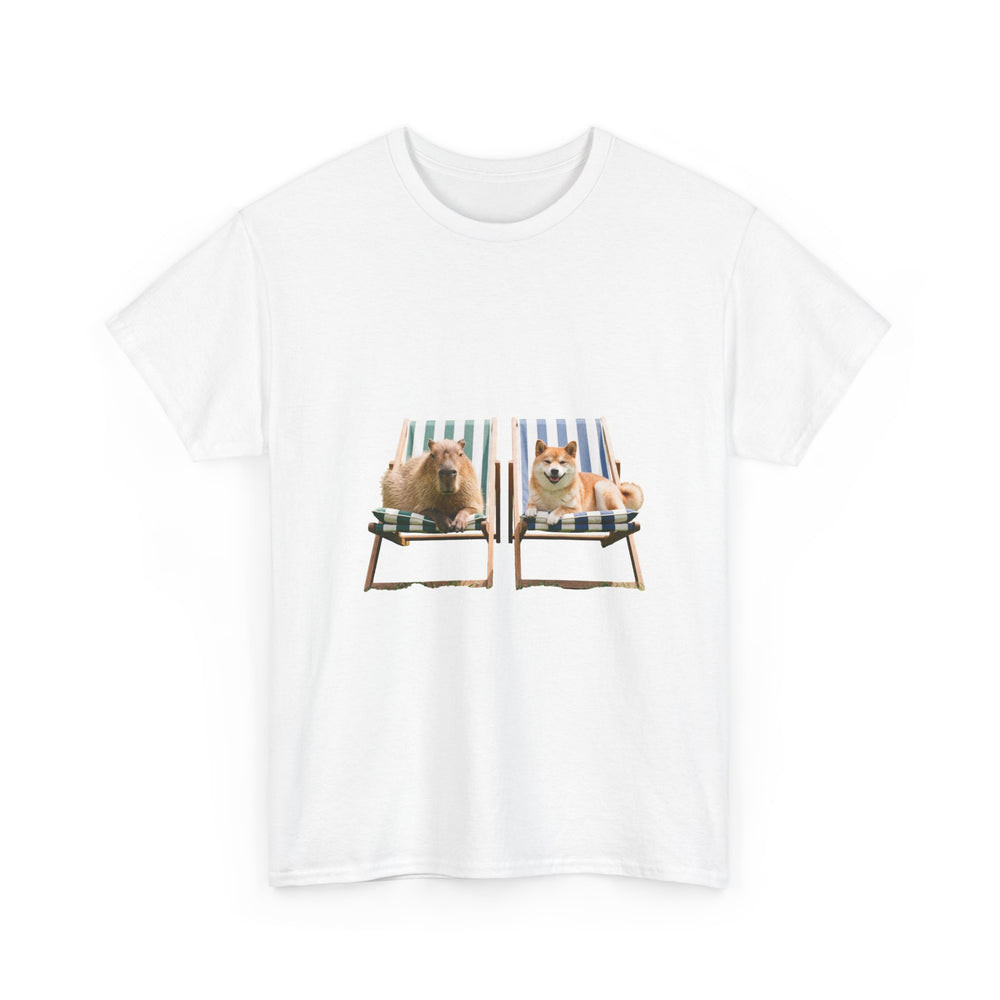 Shiba Inu and Capybara Relaxing T-Shirt — Relaxing on Deck Chairs Cute Summer Tee