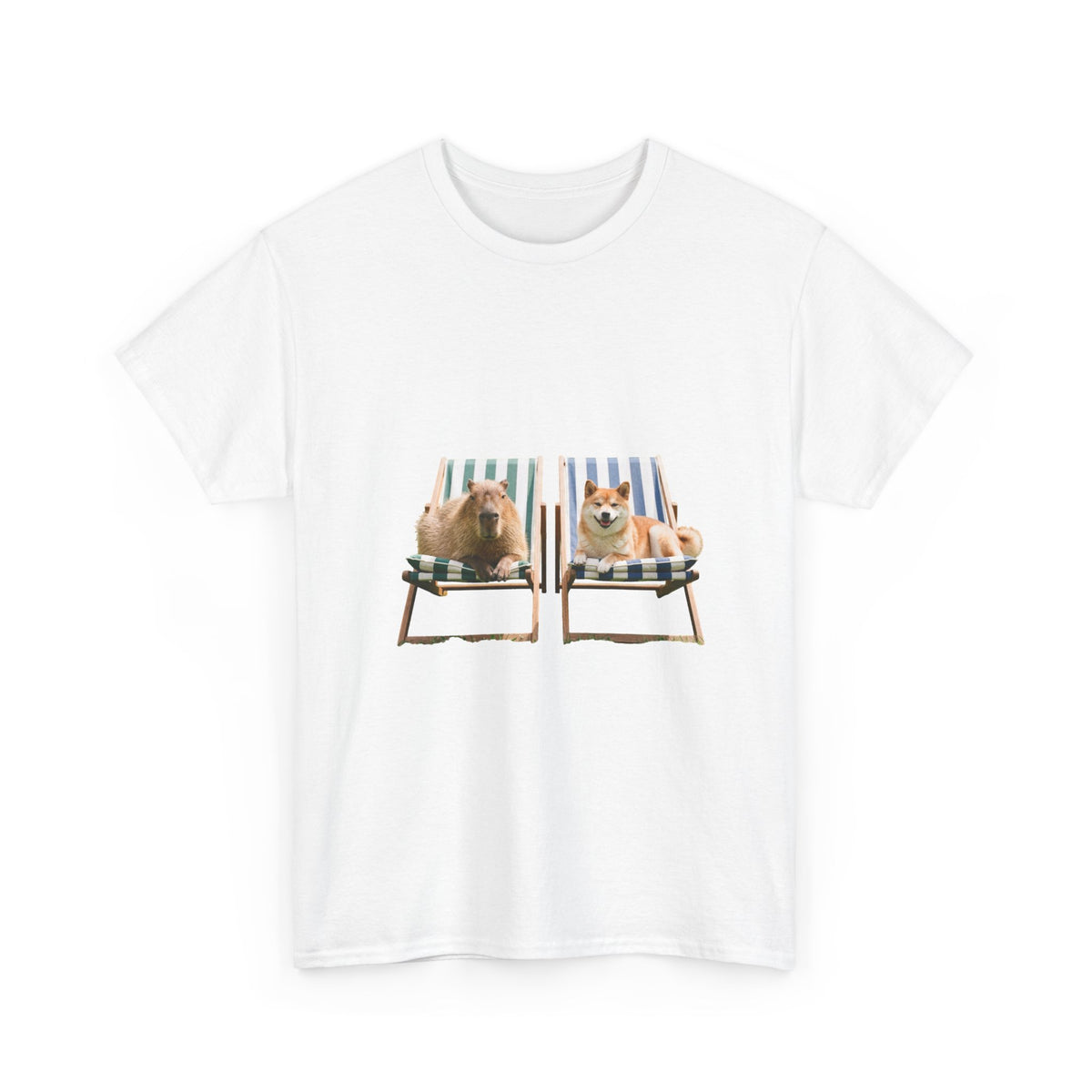 Shiba Inu and Capybara Relaxing T-Shirt — Relaxing on Deck Chairs Cute Summer Tee