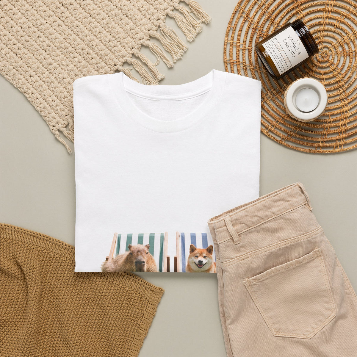 Shiba Inu and Capybara Relaxing T-Shirt — Relaxing on Deck Chairs Cute Summer Tee