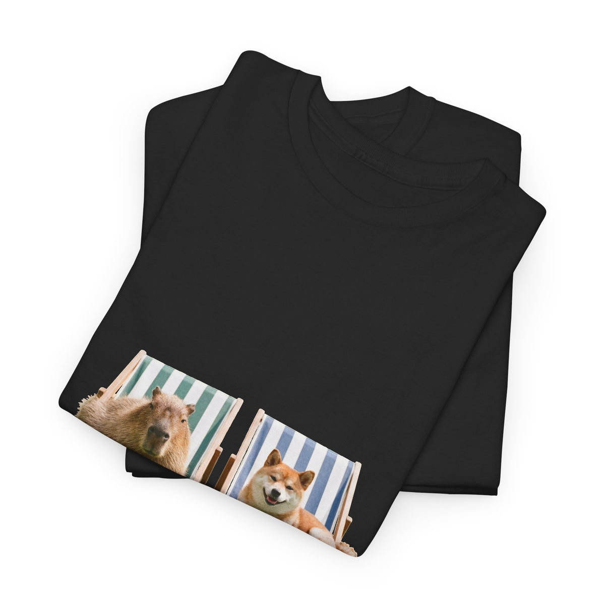 Shiba Inu and Capybara Relaxing T-Shirt — Relaxing on Deck Chairs Cute Summer Tee