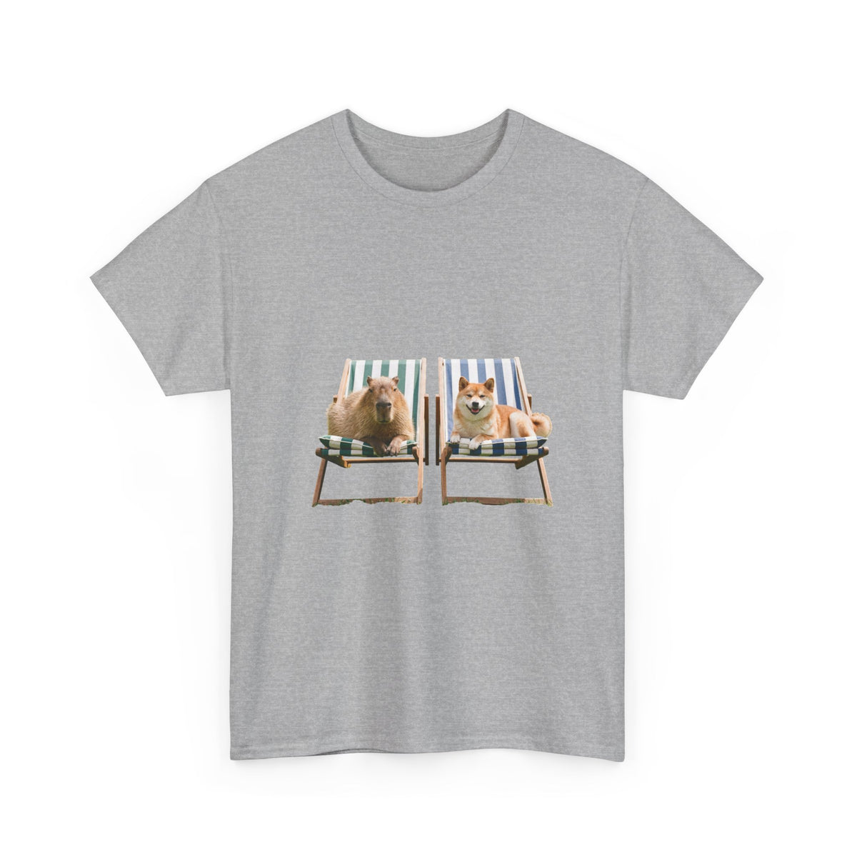 Shiba Inu and Capybara Relaxing T-Shirt — Relaxing on Deck Chairs Cute Summer Tee