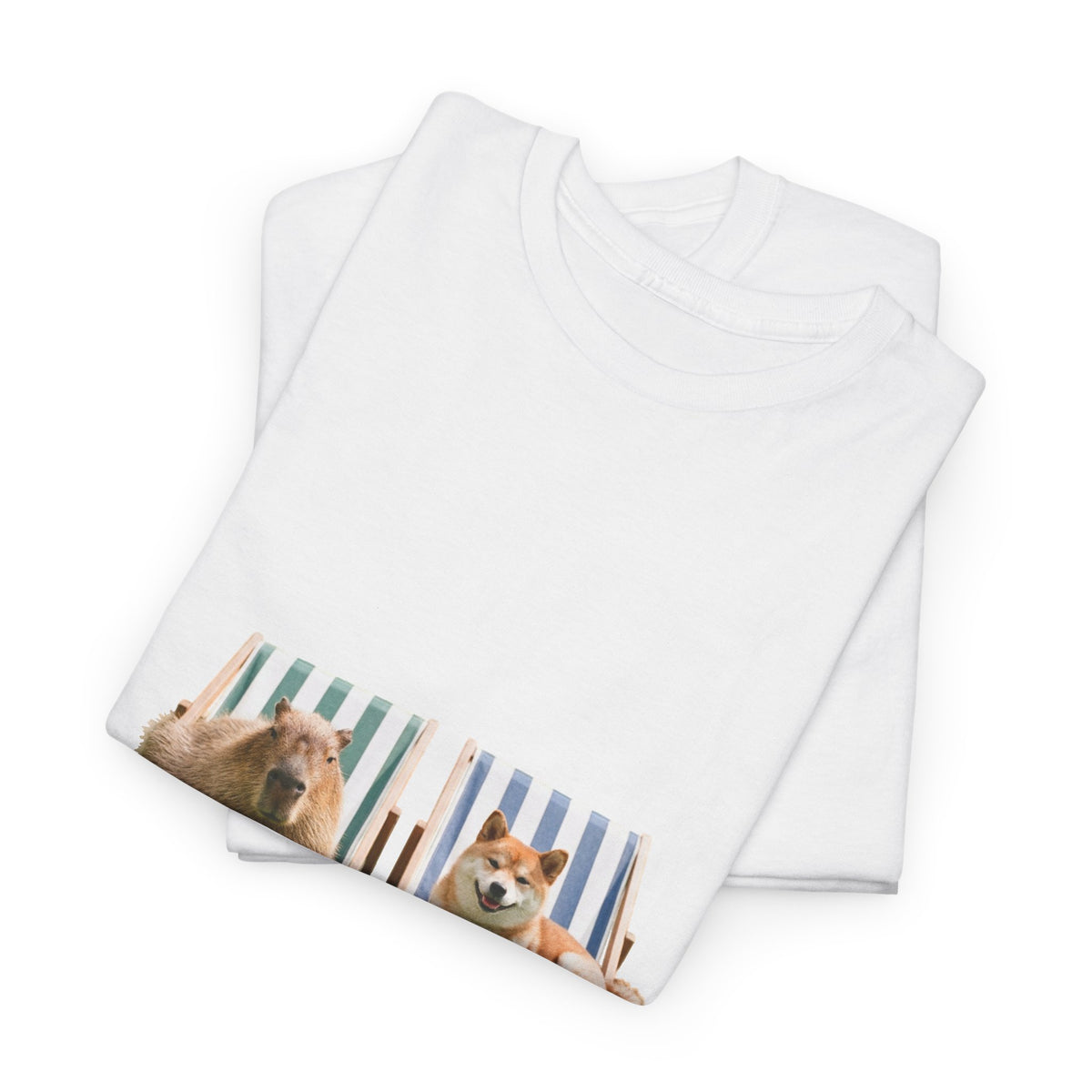 Shiba Inu and Capybara Relaxing T-Shirt — Relaxing on Deck Chairs Cute Summer Tee