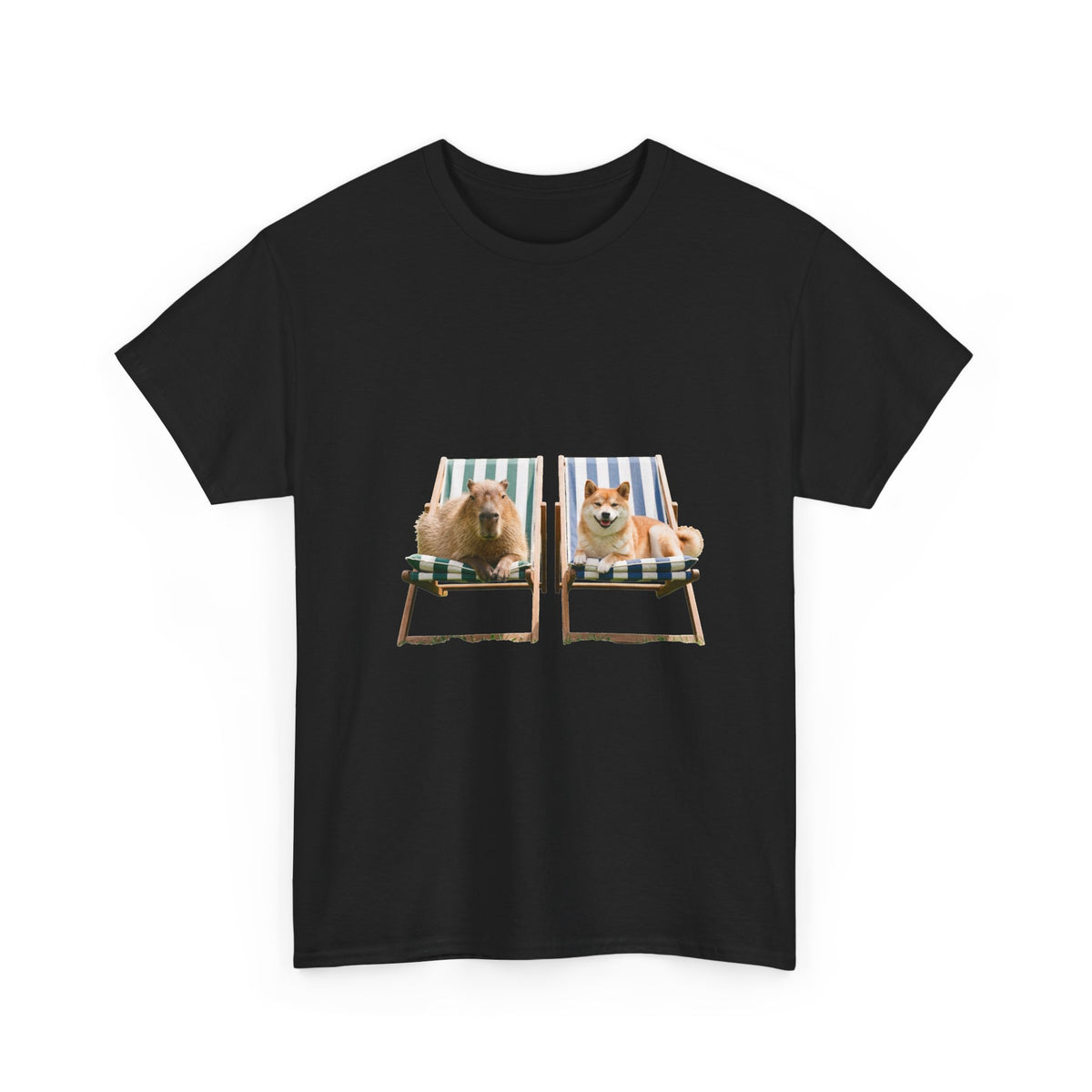 Shiba Inu and Capybara Relaxing T-Shirt — Relaxing on Deck Chairs Cute Summer Tee